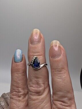 Blue Sapphire Teardrop Gemstone & 3 diamonds Set In 10k white Gold
